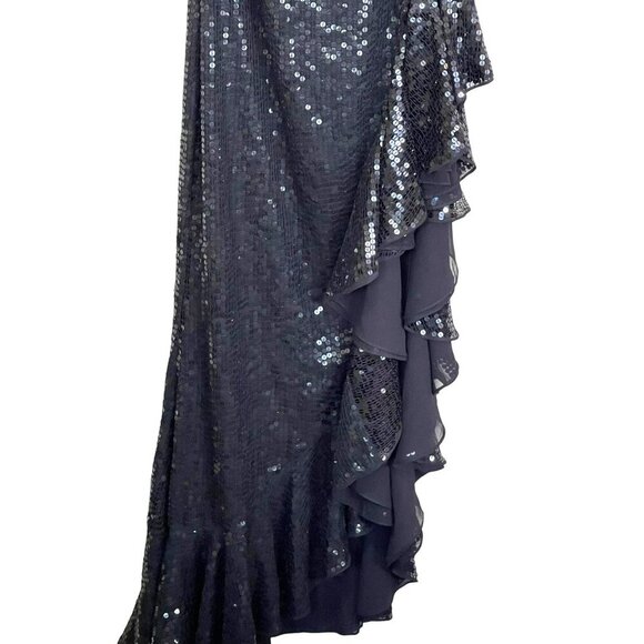 Mac Duggal Black Sequins One Shoulder Strap Open Back Ruffle Maxi Dress NWT - Picture 3 of 6